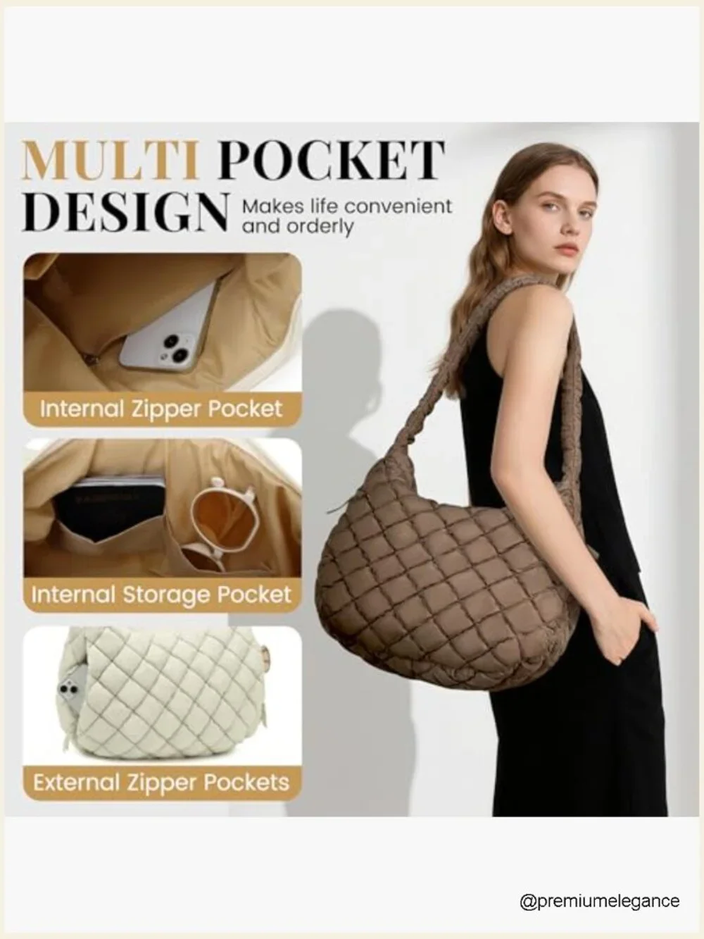Large Quilted Puffer Tote Bag with Zipper, Lightweight Shoulder Bag for Work - Picture 6 of 7